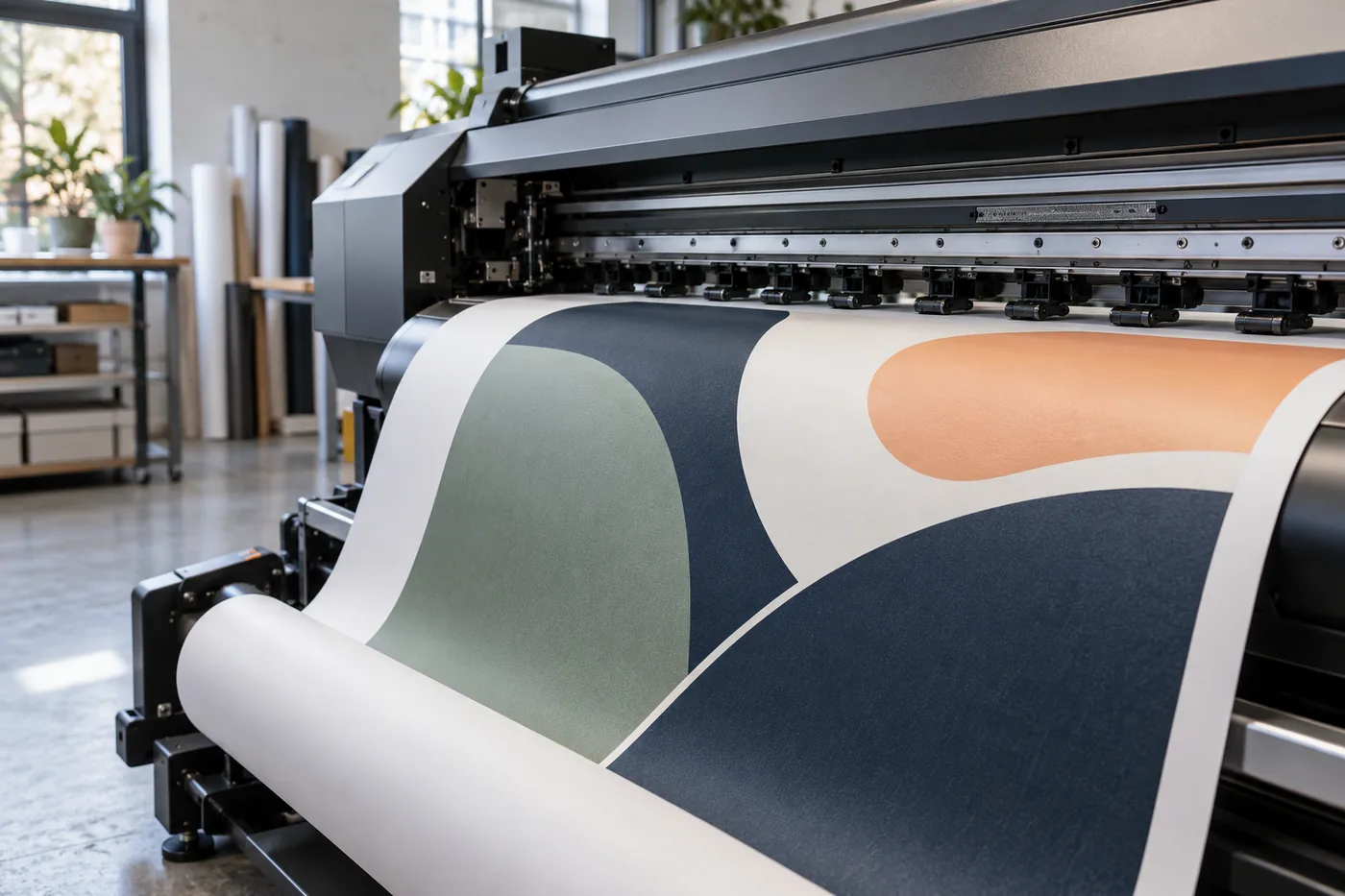 Gestaltungsbeispiel: Großformatdrucker mit einem grafischen Motiv in Dunkelblau und Pastellfarben